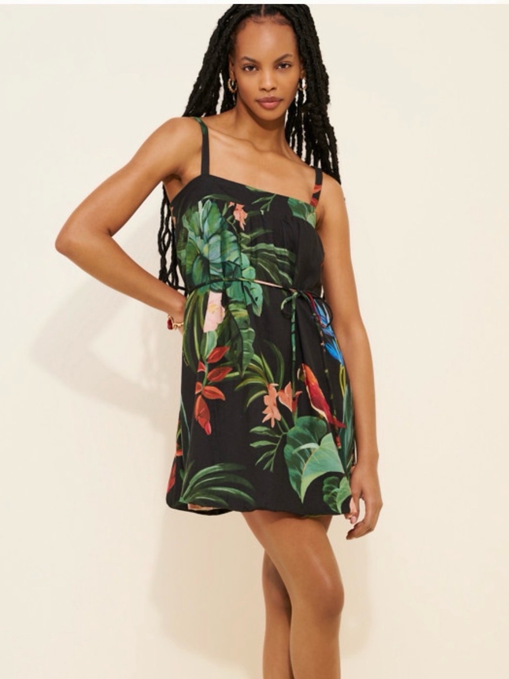 Farm Rio Midnight Macaw Tropical Print Black Mini Dress